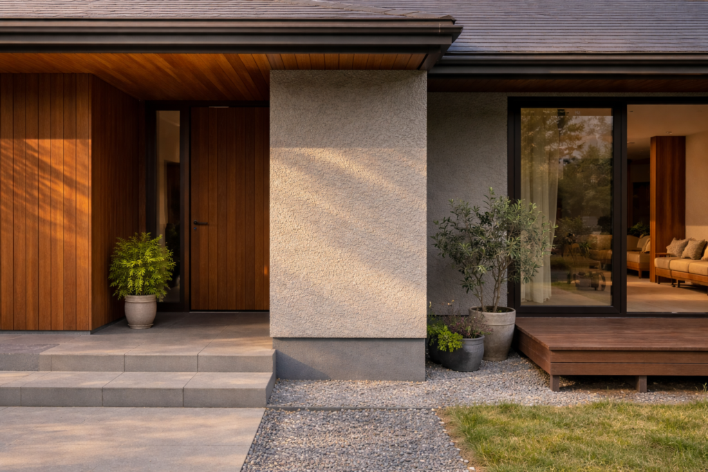 二世帯住宅で生活分離を示す外壁素材の切り替え