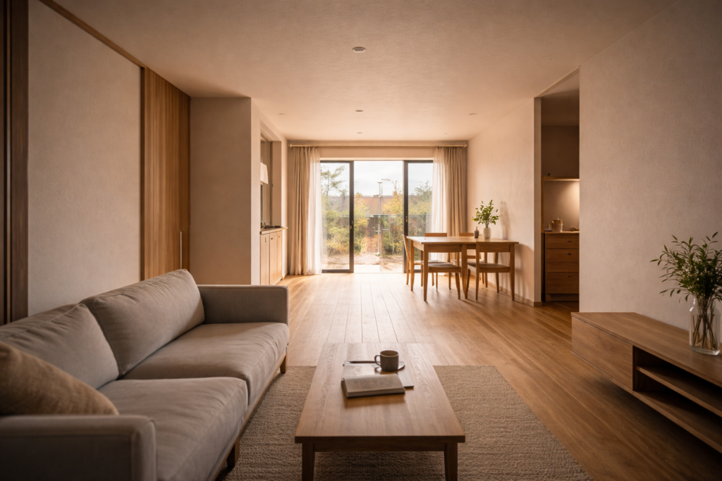 光が奥まで届きにくい平屋LDK内観