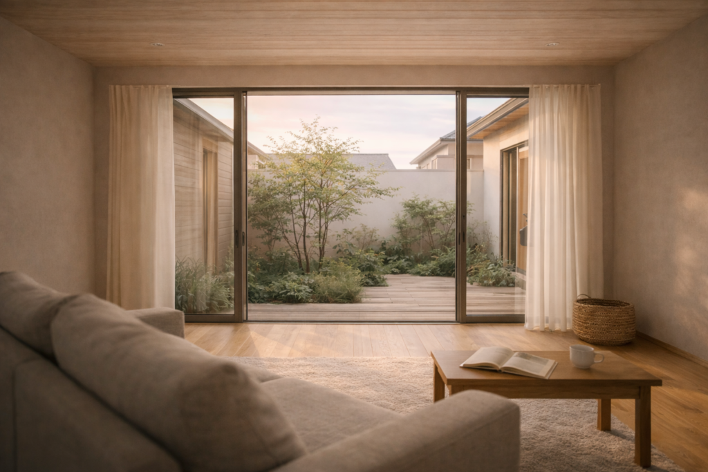 中庭から光を取り込む住宅密集地の平屋内観