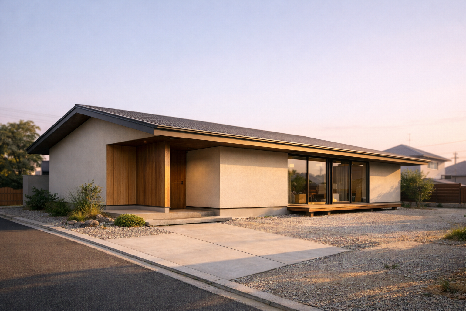 北側道路に建つ平屋外観と軒下の陰影