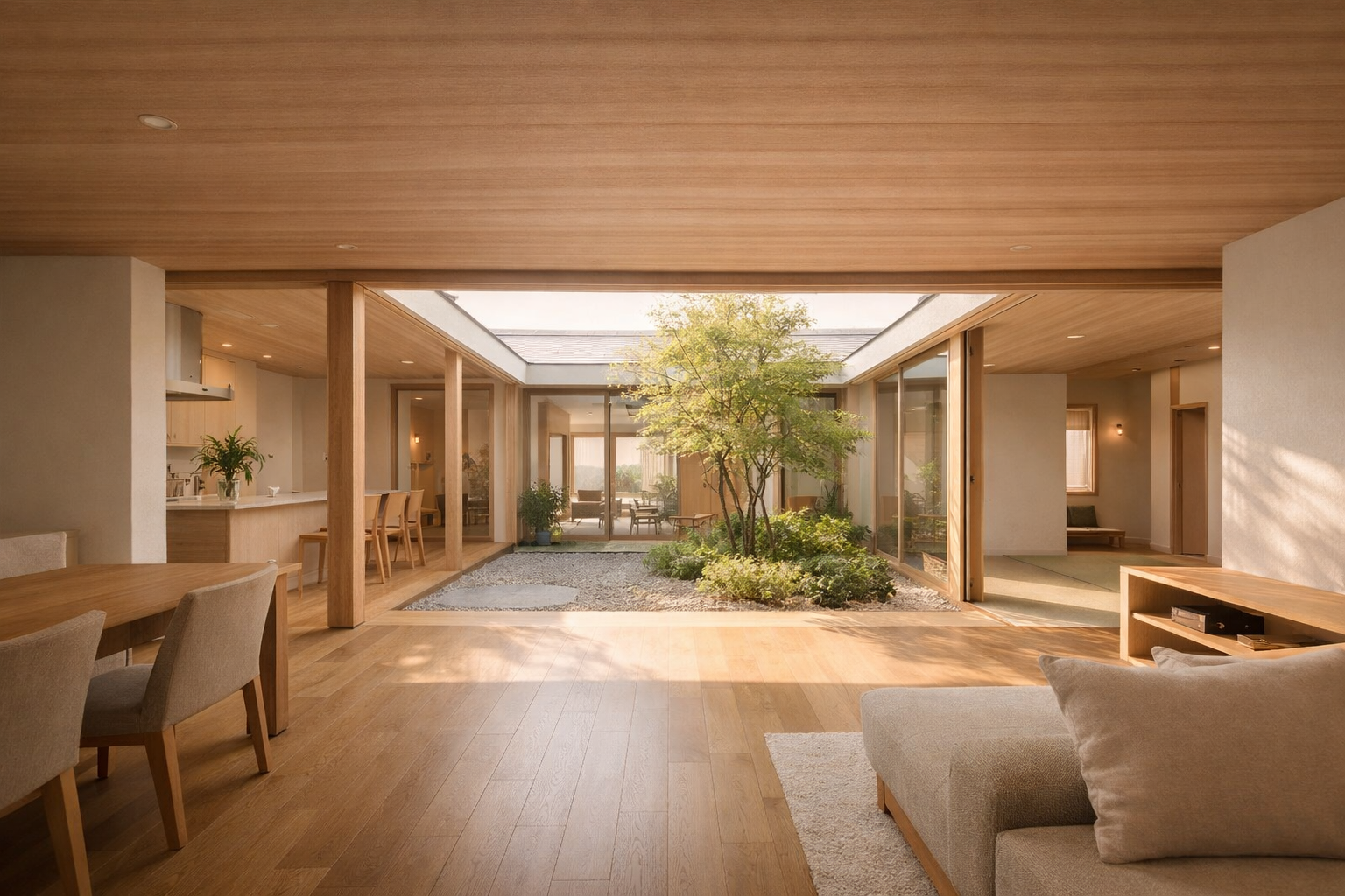 変形地に建つ平屋の中庭を囲むワンフロア内観空間