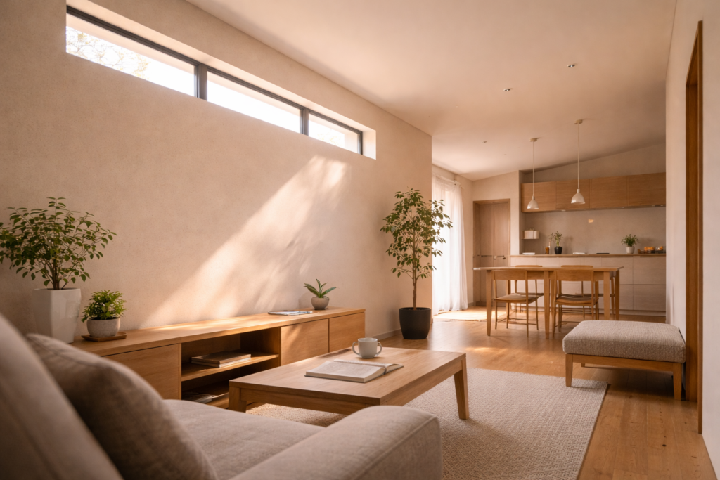 高窓から自然光が入る平屋の室内採光イメージ