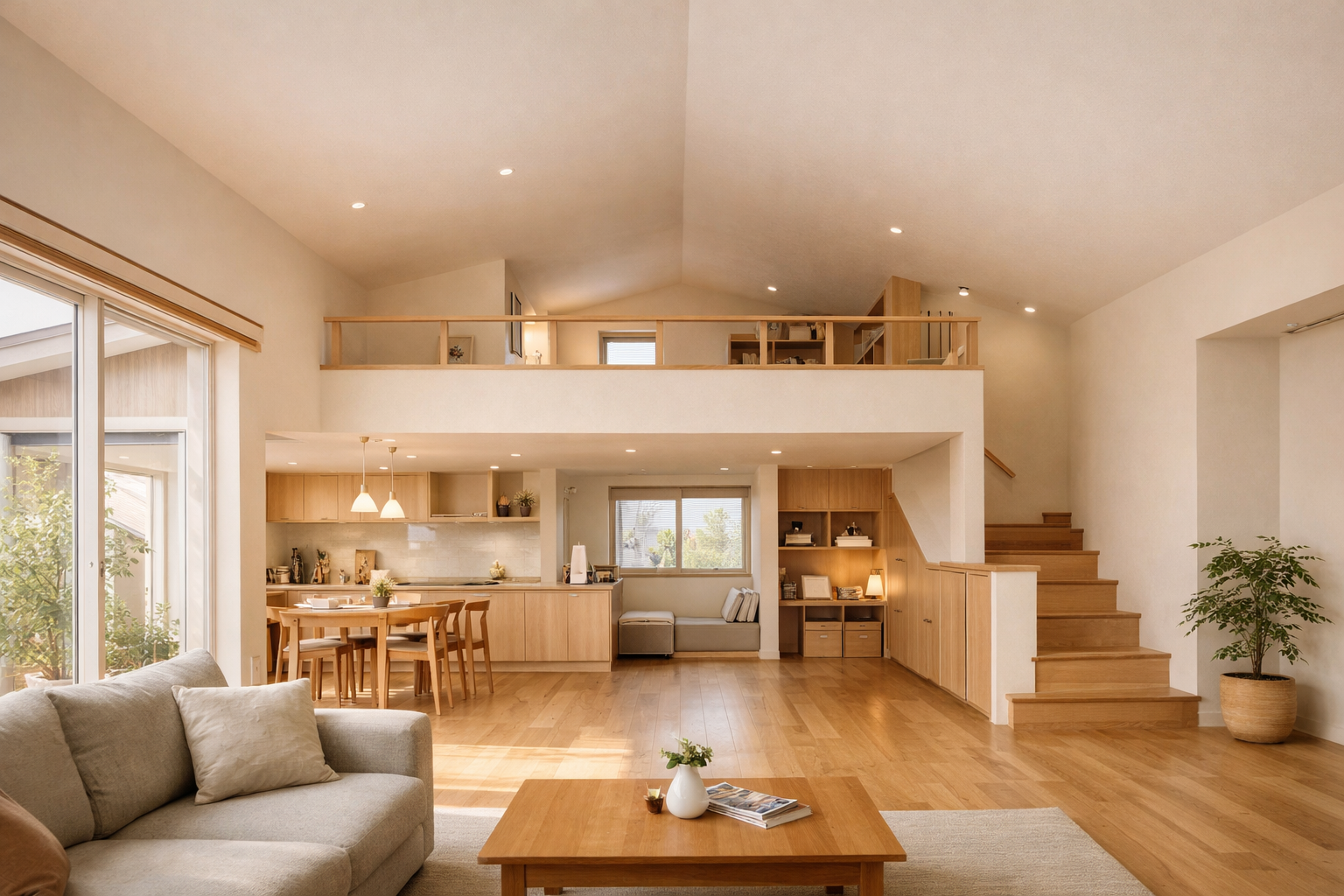 平屋のLDKと中二階がつながる立体的な内観空間