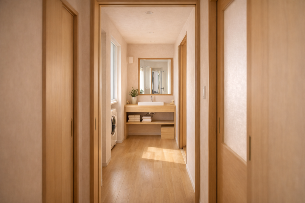 洗面から浴室まで一直線につながる平屋の水回り内観