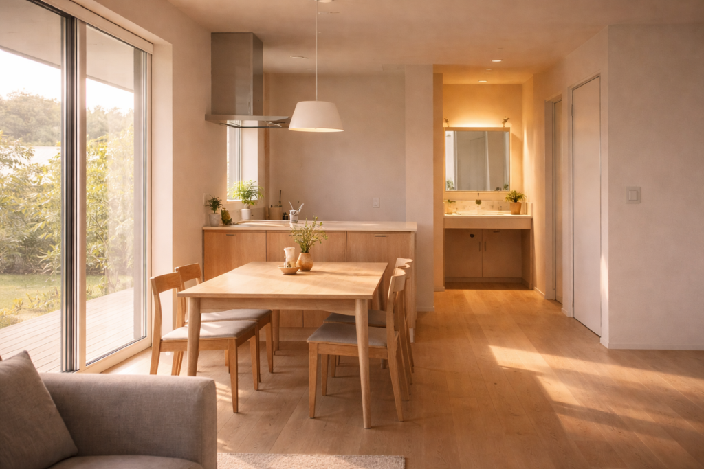朝の光が入る平屋住宅のダイニングと洗面の関係