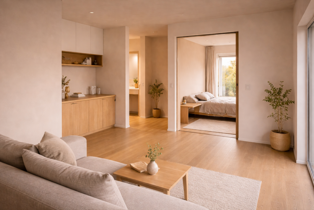 平屋住宅でゾーン分けされた落ち着いた内観