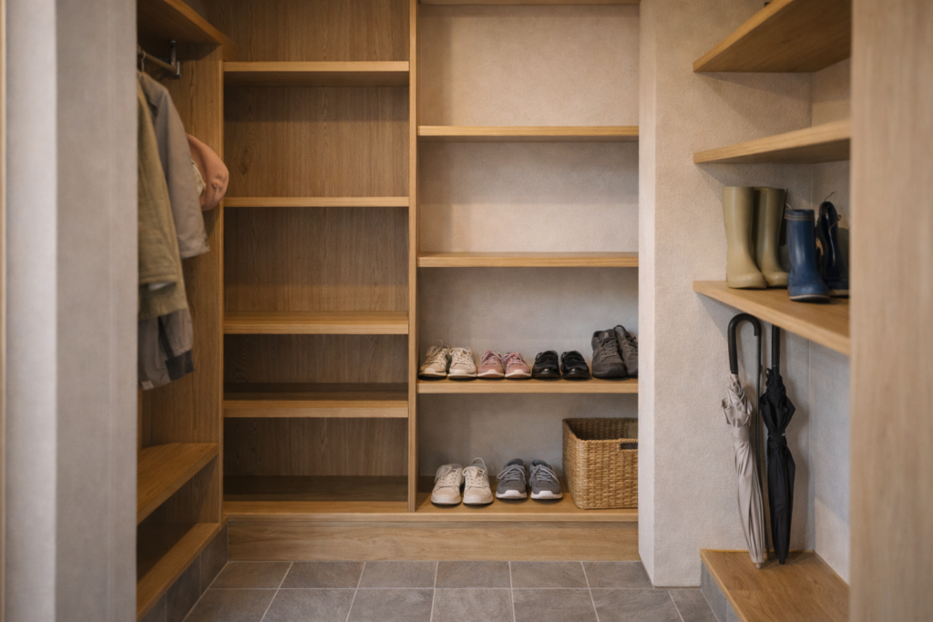 玄関収納の奥行きと区画が分かる平屋内観