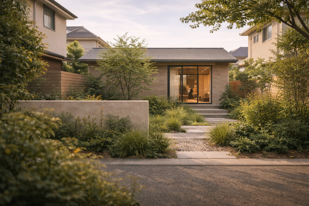 外構と一体で計画された住宅密集地の平屋外観