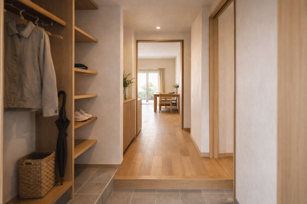 土間収納を経由して家族動線が裏側へつながる玄関内観