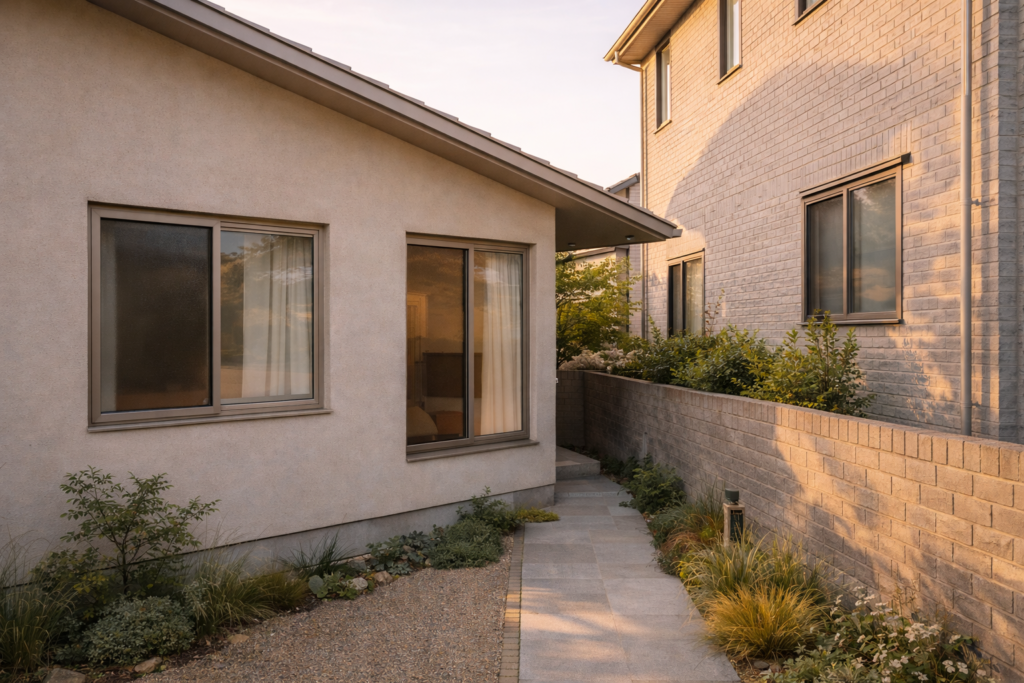 隣地との視線関係が分かる平屋の窓配置外観