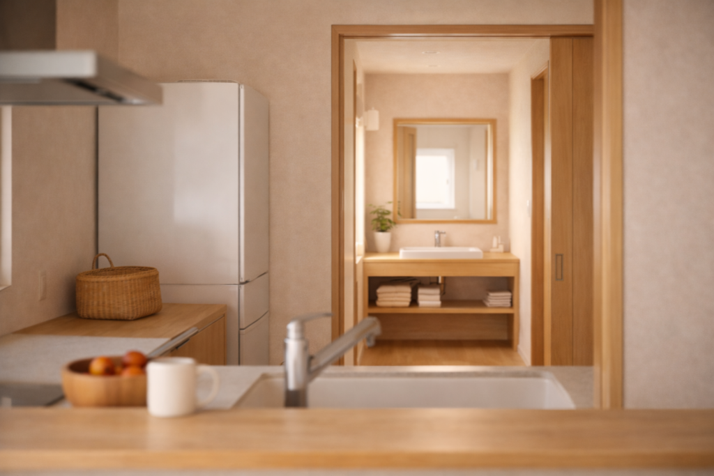 キッチンと洗面室が近接した平屋の内観構成