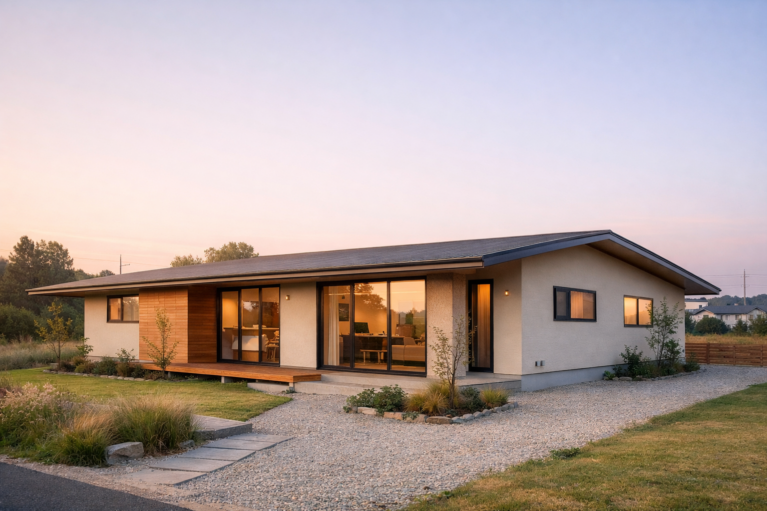 共働き世帯向け平屋住宅の横に広がる屋根ライン外観