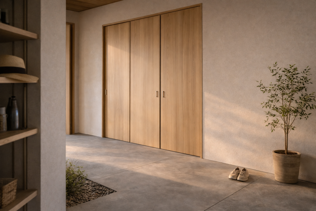 土間と収納が一体化した平屋の玄関内観