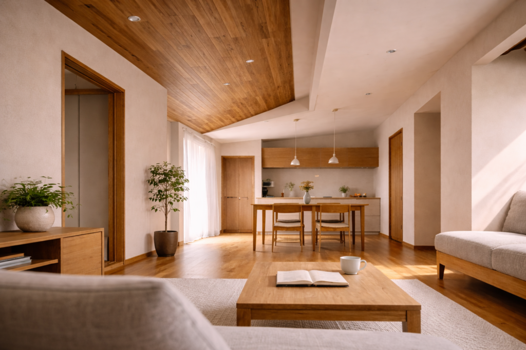 天井高さに変化を持たせた平屋の室内空間