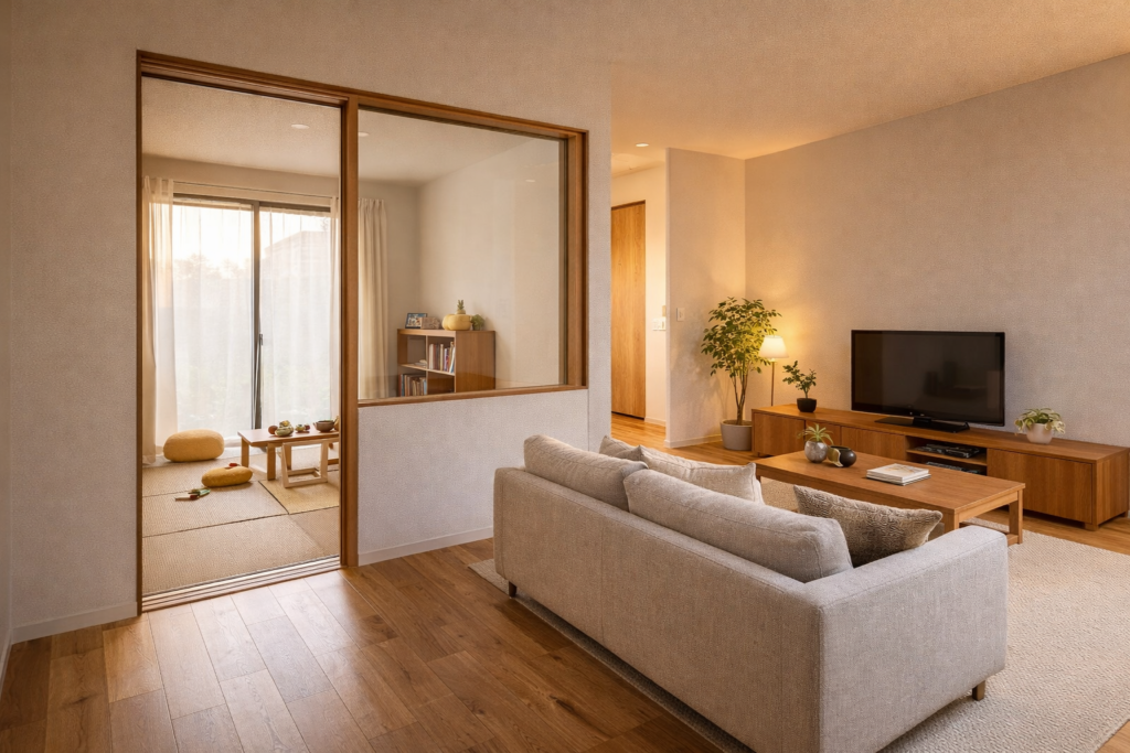 見守りと距離感を両立した平屋の室内構成