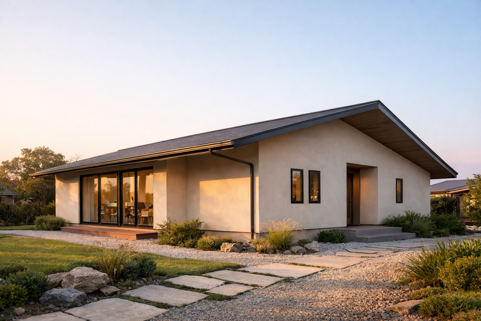 平屋住宅の屋根ラインと軒の広がりが分かる外観写真