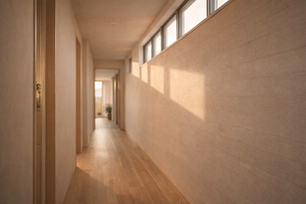 高窓から光が入る平屋の通路空間