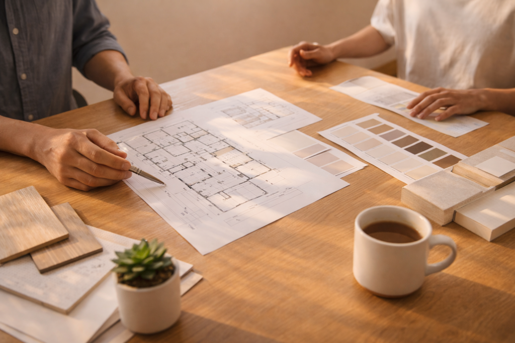 図面を囲んだ住宅打合せの手元風景