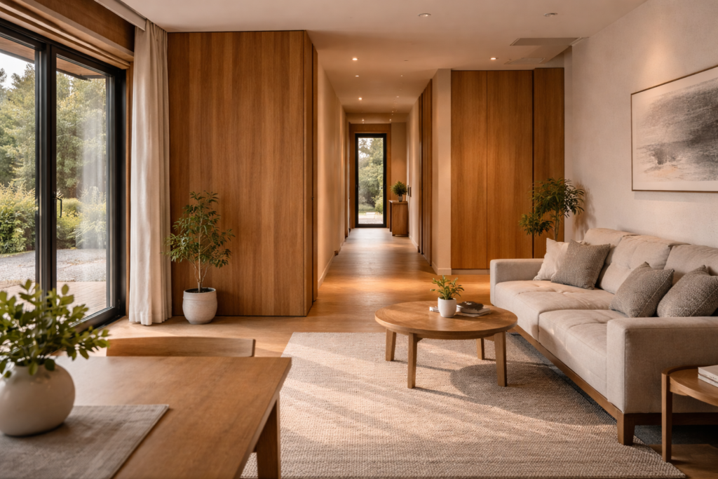 一部共有で成立する平屋の内観と空間距離