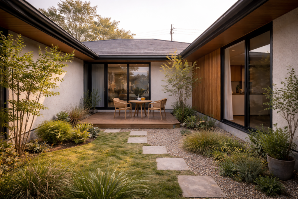 平屋中庭と壁・植栽による視線対策