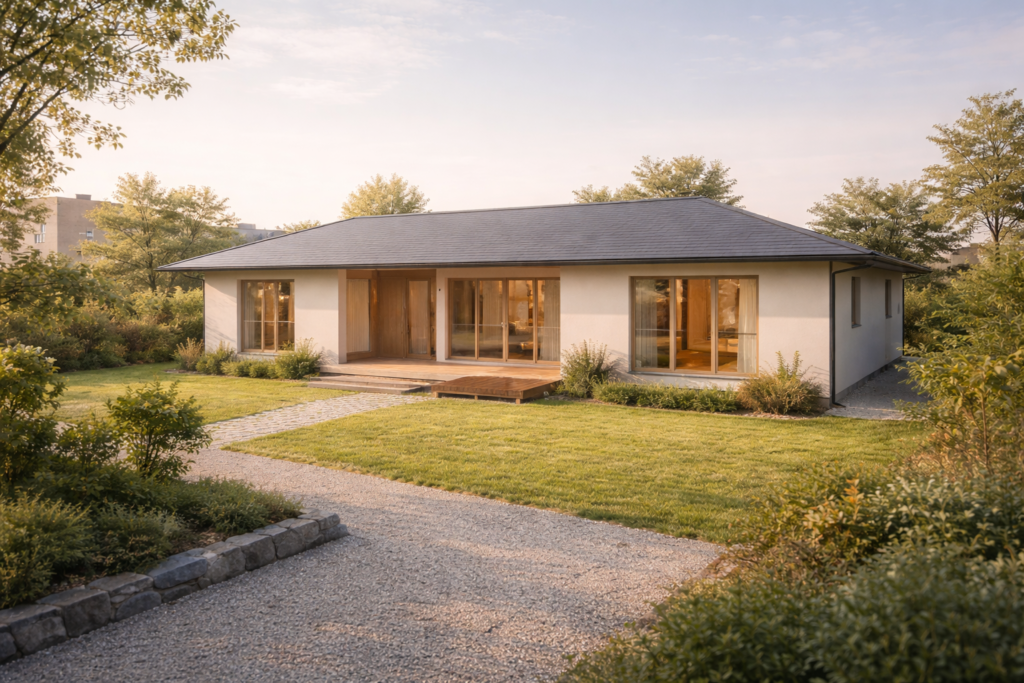 30坪前後の平屋住宅と敷地全体のバランスが分かる外観